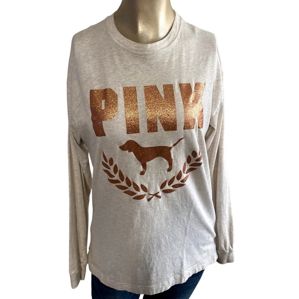 PINK Victoria’s Secret Rose Gold Glitter Dog Long Sleeve Shirt Light Gray XS